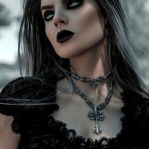 Killstar Amdis Cross Black & Silver Gothic Cross Pendant Necklace w/ Velvet Band